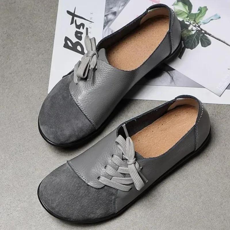 Women Leather Moccasins Flats Shoes Woman Sneakers Lace-Up Casual Ladies Driving Shoes Round Toe PU Loafers Zapatos De Mujer