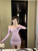 Elegant waist-tightening slimming flared long-sleeve mesh dress for women, pure and alluring hot girl, off-shoulder tight pencil short skirt