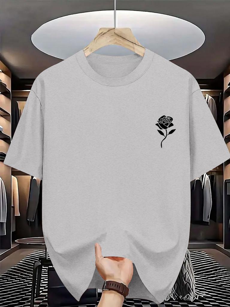 Unisex Summer Cotton Short Sleeve T Shirt Small Chest White Rose Outline Print Crew Neck Minimalist Casual Street Male Tee