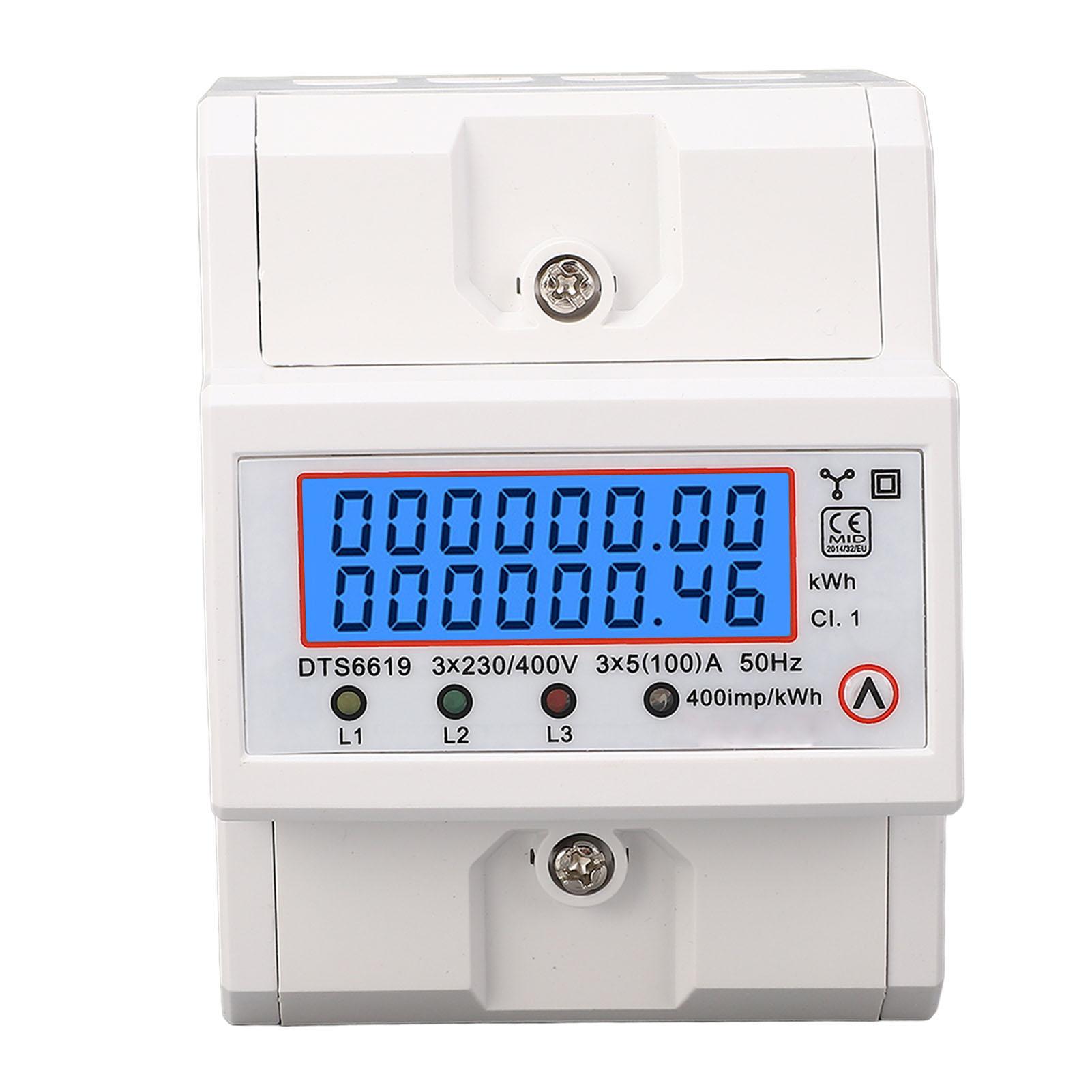 

DIN Rail Energy Meter 3 Phase 4 Wire Backlit LCD Display Home Electricity Usage Meter