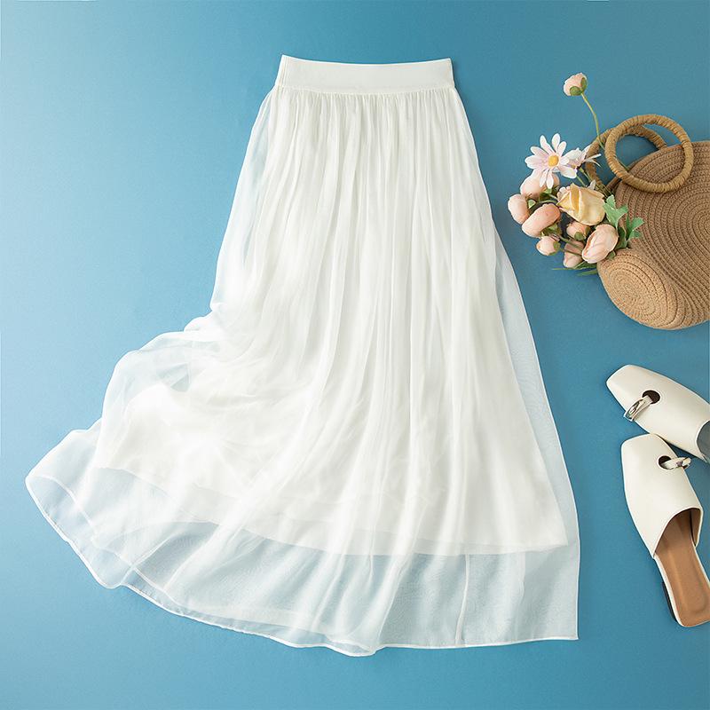 White Silk High-Waisted A-Line Pleated Midi Skirt