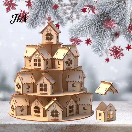 Weihnachtsparty Dekoration Holz Adventskalender, 24 Haus Countdown Display Ständer mit Baum Kalender Form, Festlicher Feiertag Tischplatte Regal