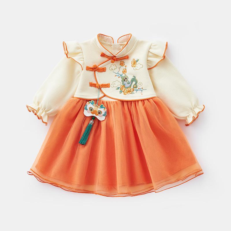 

2025 Весеннее детское платье для девочки, принцесса, с длинным рукавом, из сетки 110 бежевый