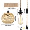 Vintage Plug in Pendant Light Wicker Rattan Hanging Lights with 15ft Hemp Rope Cord Mini Bamboo Lampshade Boho Wall Lighting Fixture Swag Lamp for