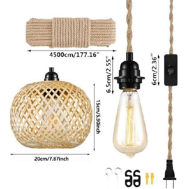 Vintage Plug in Pendant Light Wicker Rattan Hanging Lights with 15ft Hemp Rope Cord Mini Bamboo Lampshade Boho Wall Lighting Fixture Swag Lamp for
