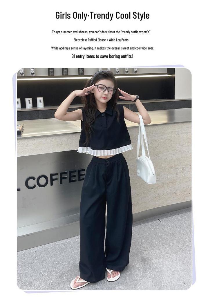 Girls' Stylish Summer Streetwear: Ruffle Polo Top & Wide-Leg Pants Set