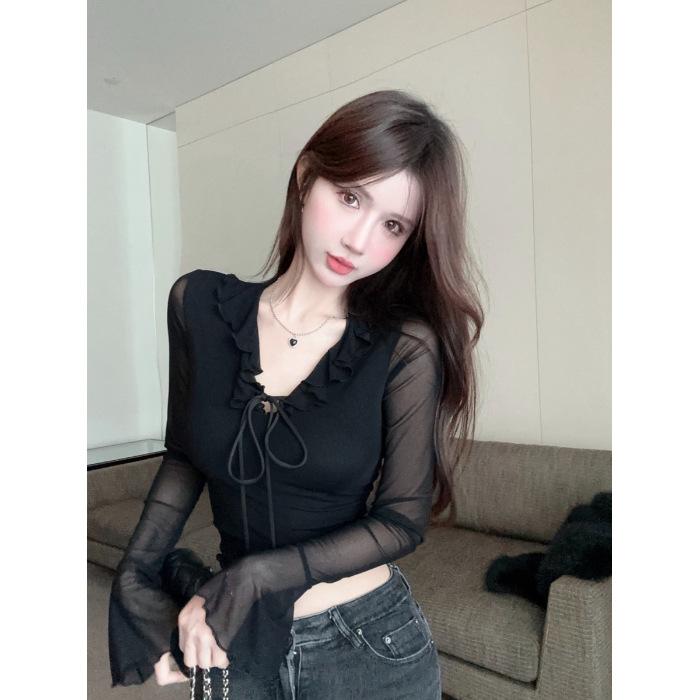 

Ранняя весна Уникальный V-образный вырез с халтер-воротом и оборками Короткий топ с длинными рукавами Базовая рубашка для женщин L чёрный