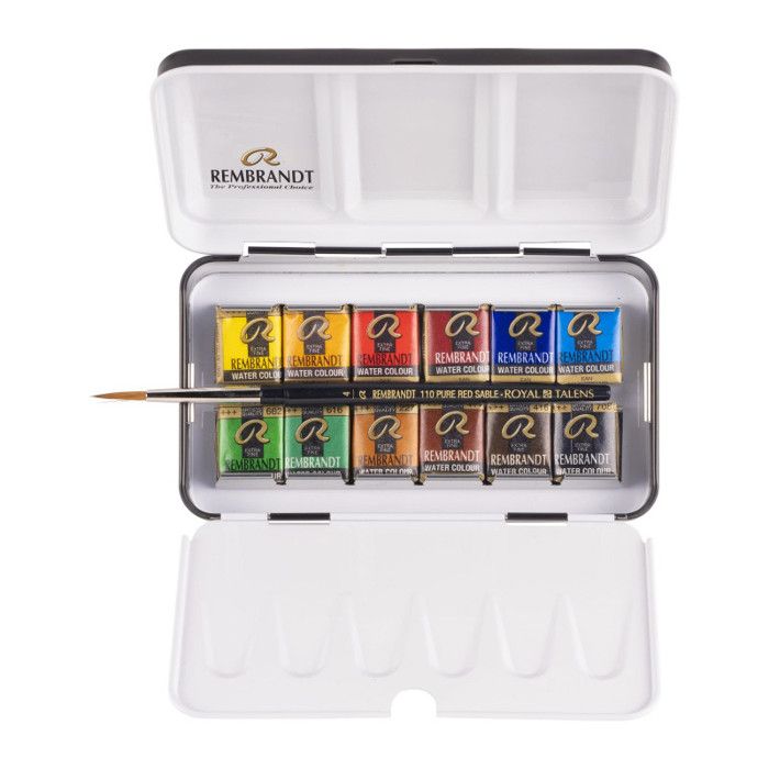 Boîte métal de 12 godets de peinture aquarelle Rembrandt assortiment