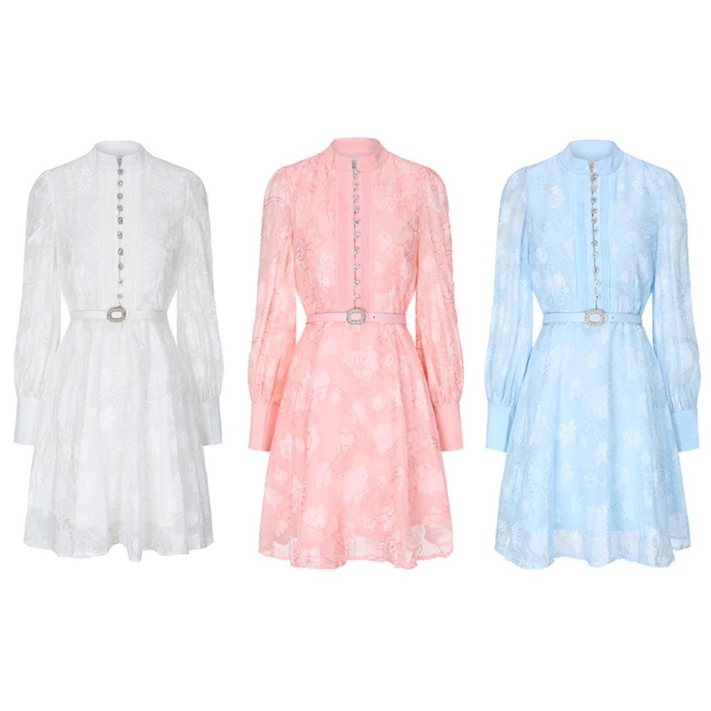 2026 Spring/Summer New Arrival Long Lantern Sleeve Short Dress for Women Vintage 3D Floral Jacquard Single-breasted Slim A-line Mini Dress