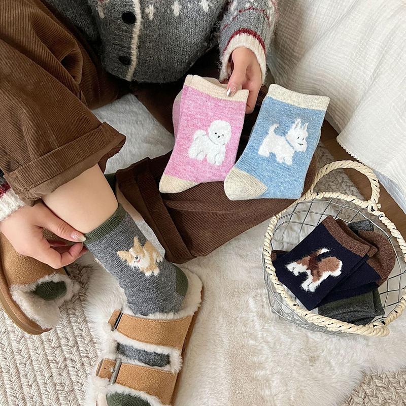 Spring and Autumn Cotton Wool Puppy Cartoon Socks Cute Style Plush Academy Style Color Blocked Stacking Socks