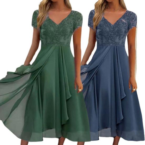 V-Ausschnitt Kurzarm Tailleneng Hochtailliert Abendkleid Elegant Stickerei Spitze Floral