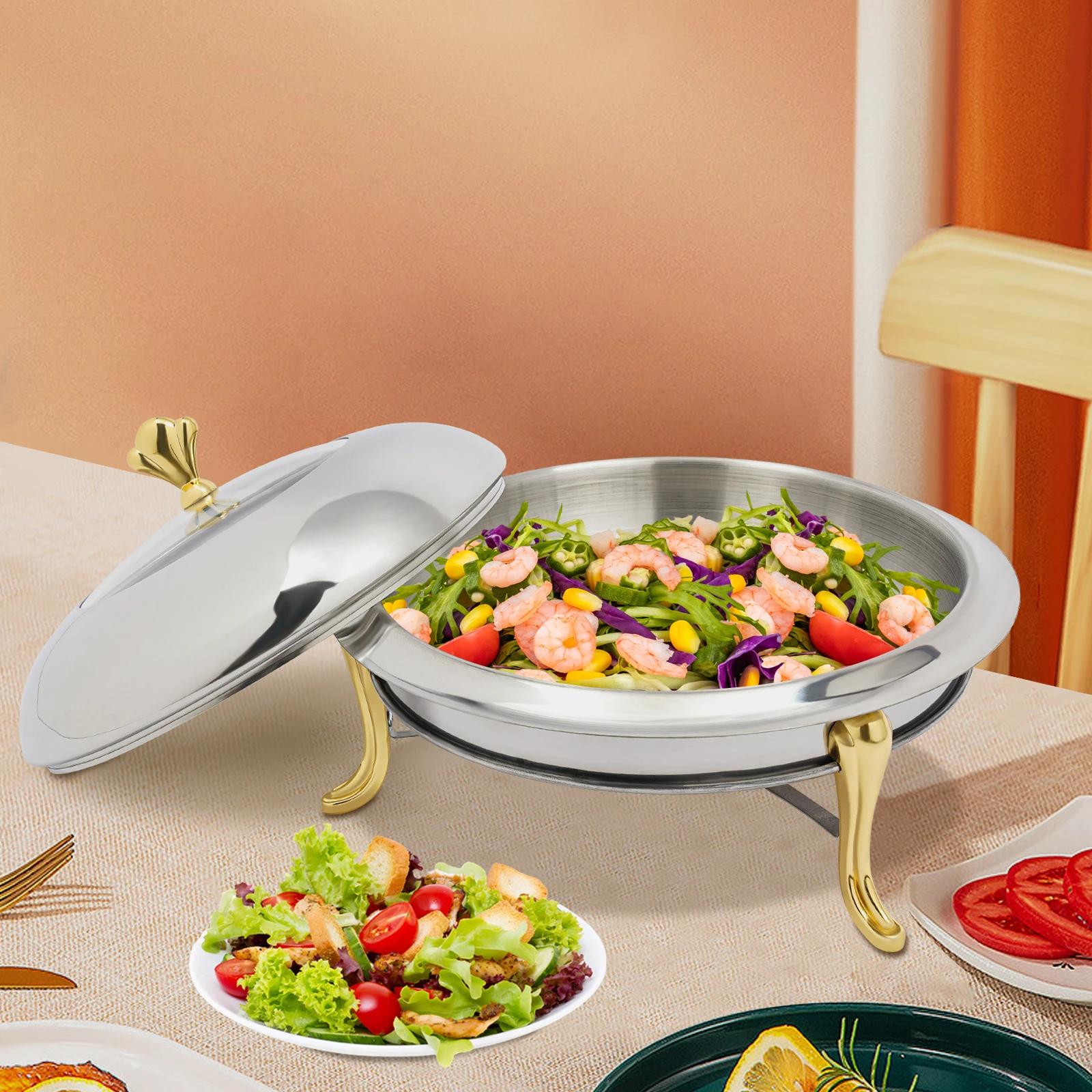 

24cm Round Gold Crown Buffet Stove - Stainless Steel Alcohol Burner Warmer - No-Ear Design Serving Plate for Banquets, Weddings золотой