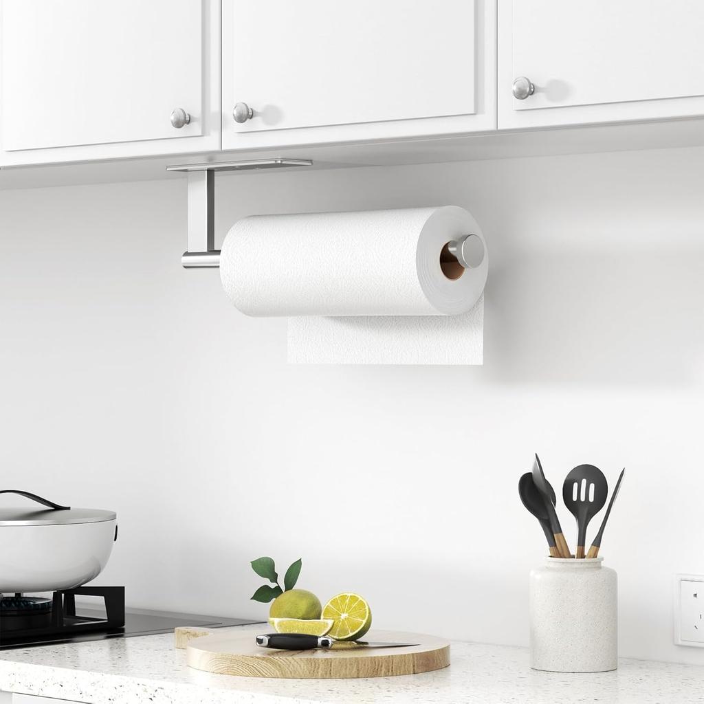 Paper Towel Holder Under Cabinet - Stainless Steel Paper Towel Holder Wall Mount, Self-Adhesive or Drilling, Silver Towel Rack for Kitchen