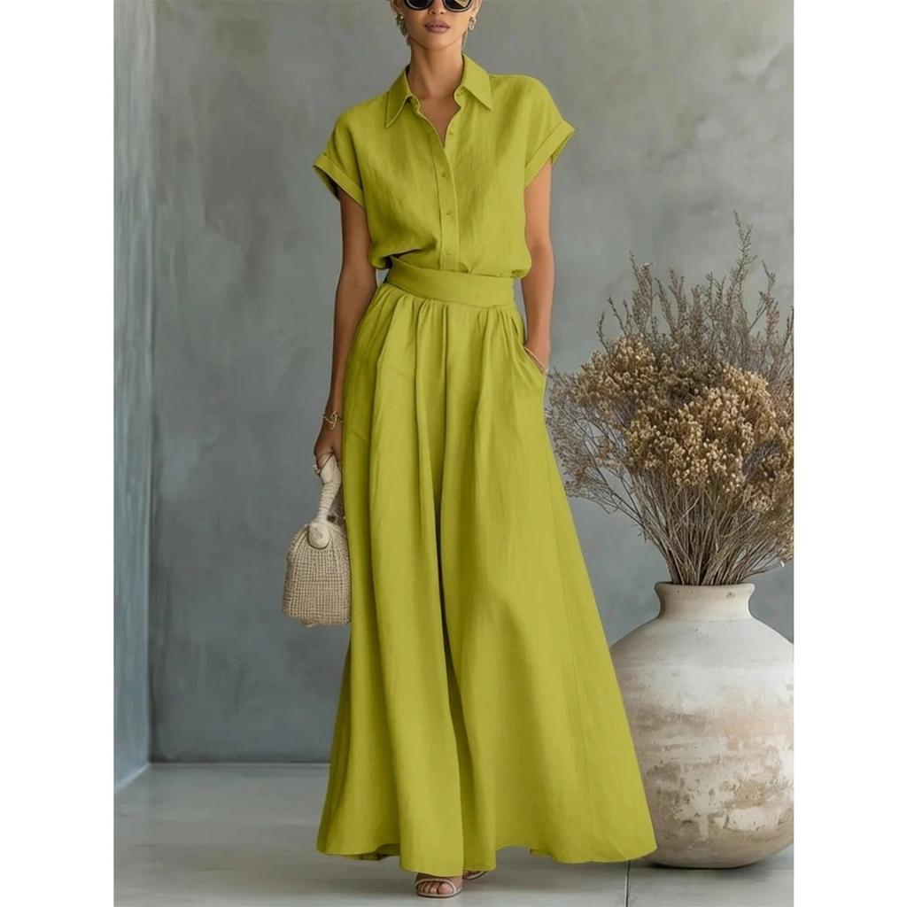 Women's Collared Short Sleeve Top Wide Leg Pants Set Loose Fit Casual Two Piece Outfit