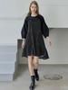 Avang Dot Ribbon Shirring Mini Dress - Black