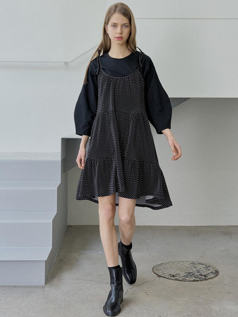 Avang Dot Ribbon Shirring Mini Dress - Black