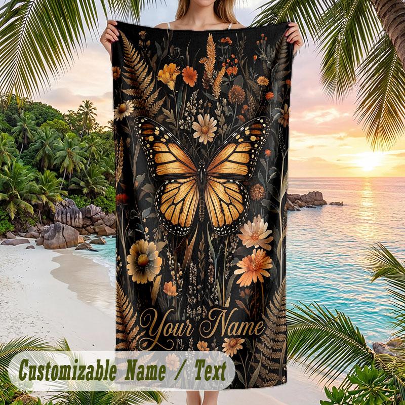 Butterfly Flowers Garden Theme Quick Dry Beach Towel Custom Name Text Print Large Sand Resistant Towel Beach Vacation