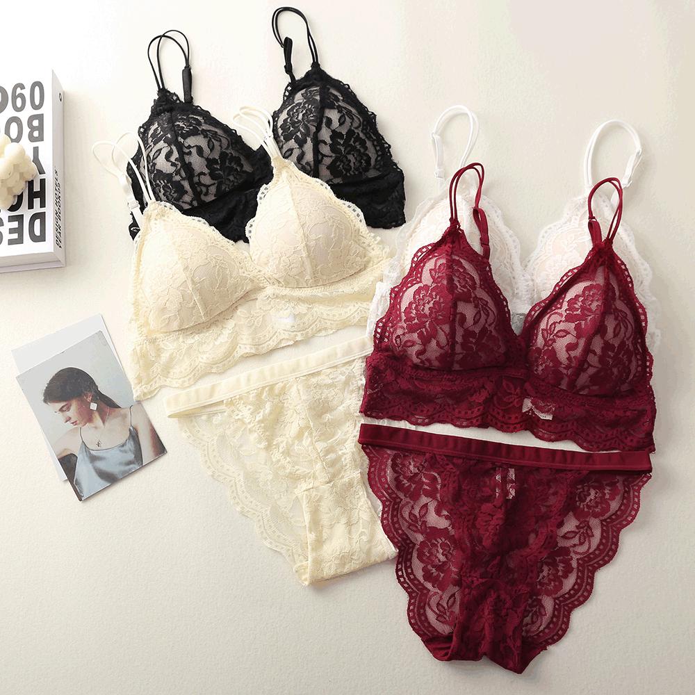 Women's Lace Triangle Cup Bra & Panty Set - Wire-Free, Sexy Hollow Back Design