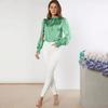 Silky Satin Shirt for Women Stand Collar Ruffle Trim Long Sleeve Pullover Tops Solid Color Loose Fit Casual Blouse