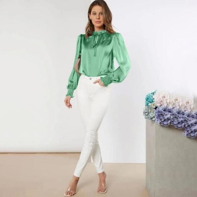 Silky Satin Shirt for Women Stand Collar Ruffle Trim Long Sleeve Pullover Tops Solid Color Loose Fit Casual Blouse