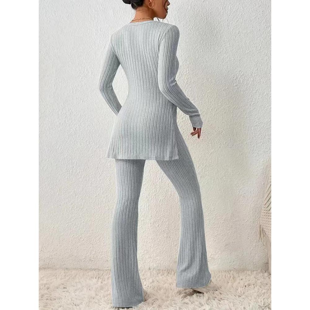 Women's Loose Fit Two-piece Suit Long Sleeve Knit Top High Waist Flare Pants Solid Ribbed Loungewear Matching Set