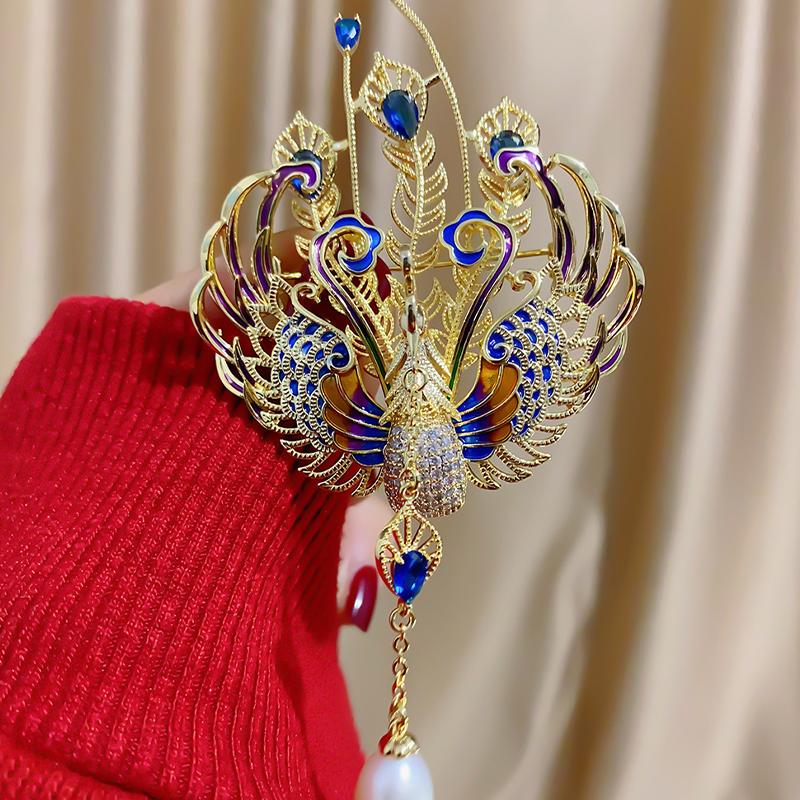 

Модная цветная масляная живопись Феникс, инкрустированная кубическим цирконием, брошь в китайском стиле с имитацией жемчуга