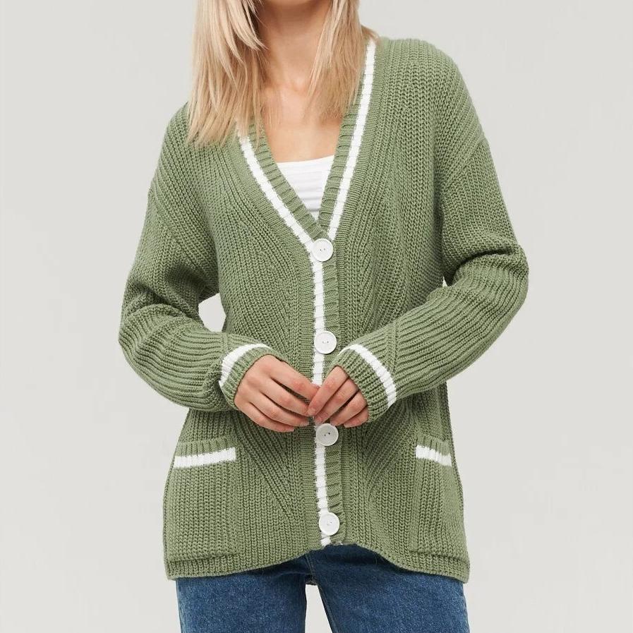 women's Knitted cardigan sweater autumn winter versatile V-neck pocket color matching knitted long-sleeved sweaters jacket women