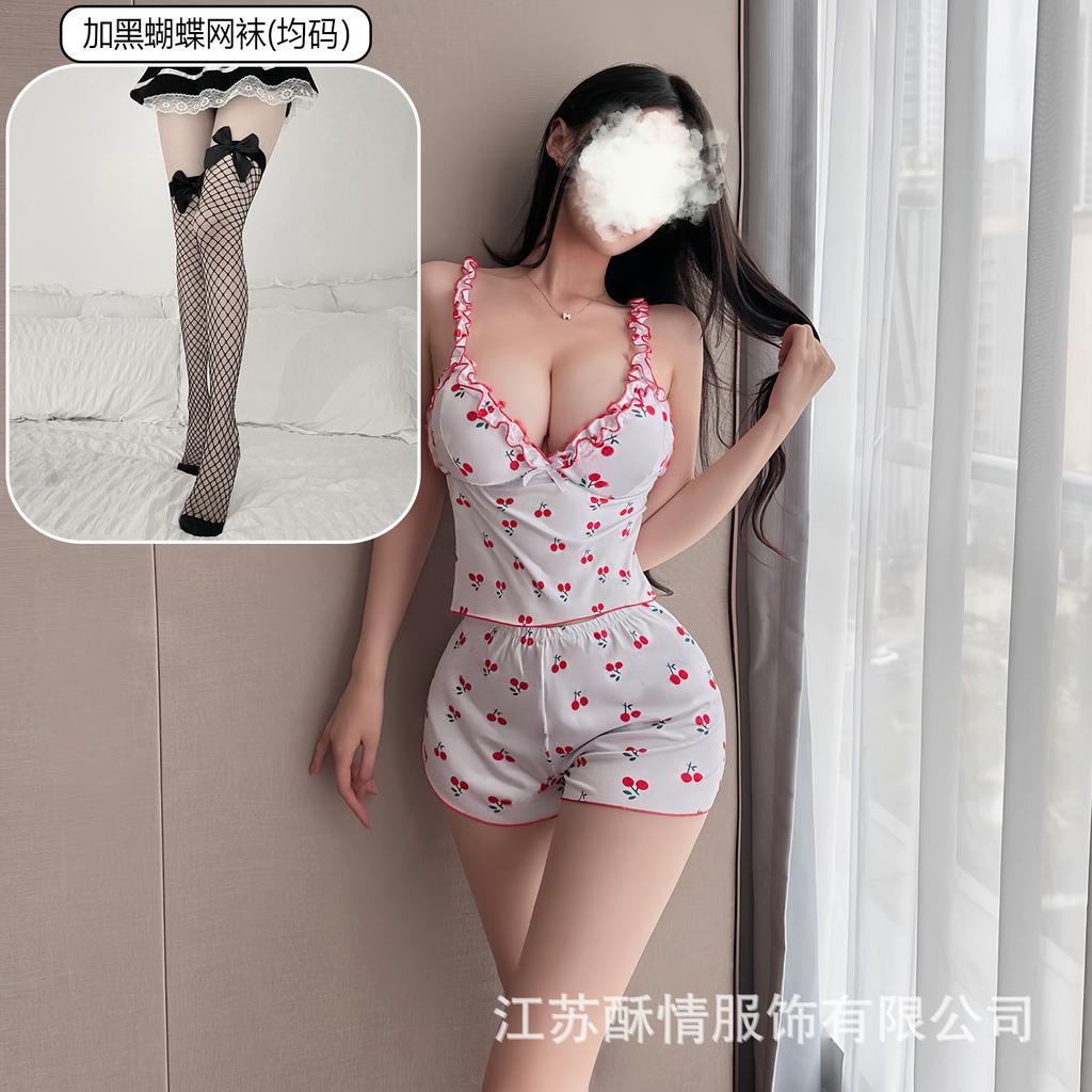Crispy Cherry Floral Can Be Worn Outside, Sexy Suit, Free Suspender V-neck Plus Chest Pad Pajamas, Comfortable Home