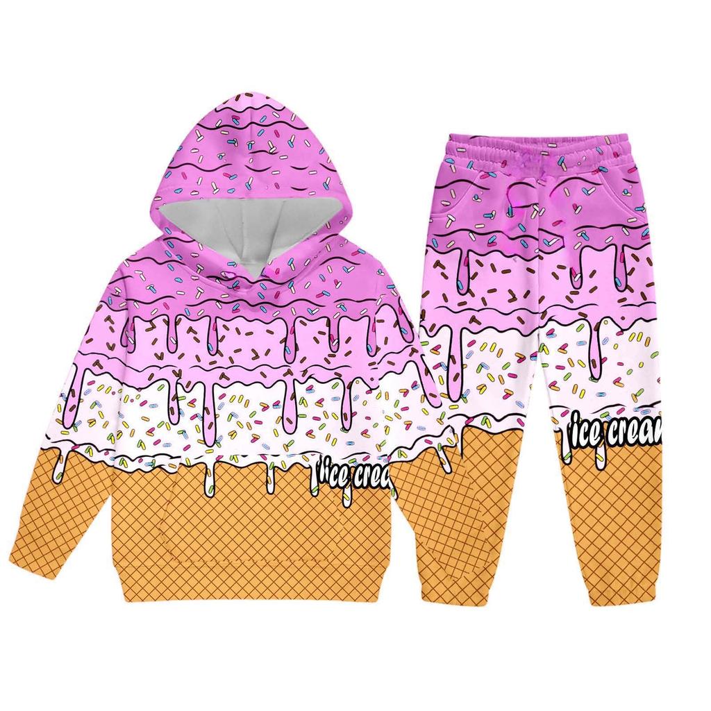 Children's Casual Printed Pullover Long-Sleeved Hooded Sweatshirt And Pants Set