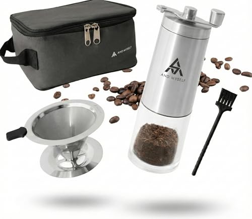 Enjoy an authentic cup of coffee at home or on the go! AND MYSELF Manual Coffee Grinder with Stainless Steel Mesh Filter. No paper filters required. I