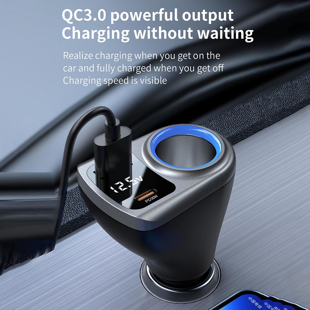 K29 Car Charger Adapter Fast Charging Digital Display 3 In 1 Cigarette Lighter Socket Splitter Charger