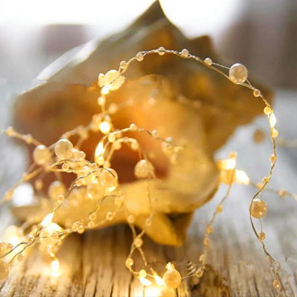 2m 20 LED Battery Operated Copper Wire String Light with Artificial Pearl Xmas Wedding Party Decor