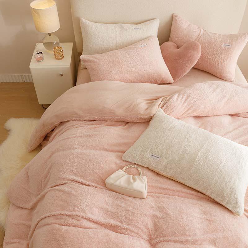 Thickened Milk Fleece Four-Piece Set, Solid Color Coral Fleece Bed Sheet Quilt Cover, Flannel Bed Three-Piece Set