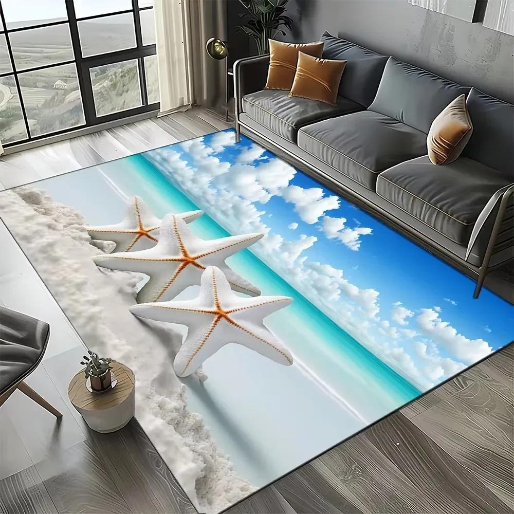 Starfish Beach Shell Sand Pattern Area Rug Coastal Ocean Carpet for Living Room Bedroom Kids Play Room Non-Slip Floor Mat