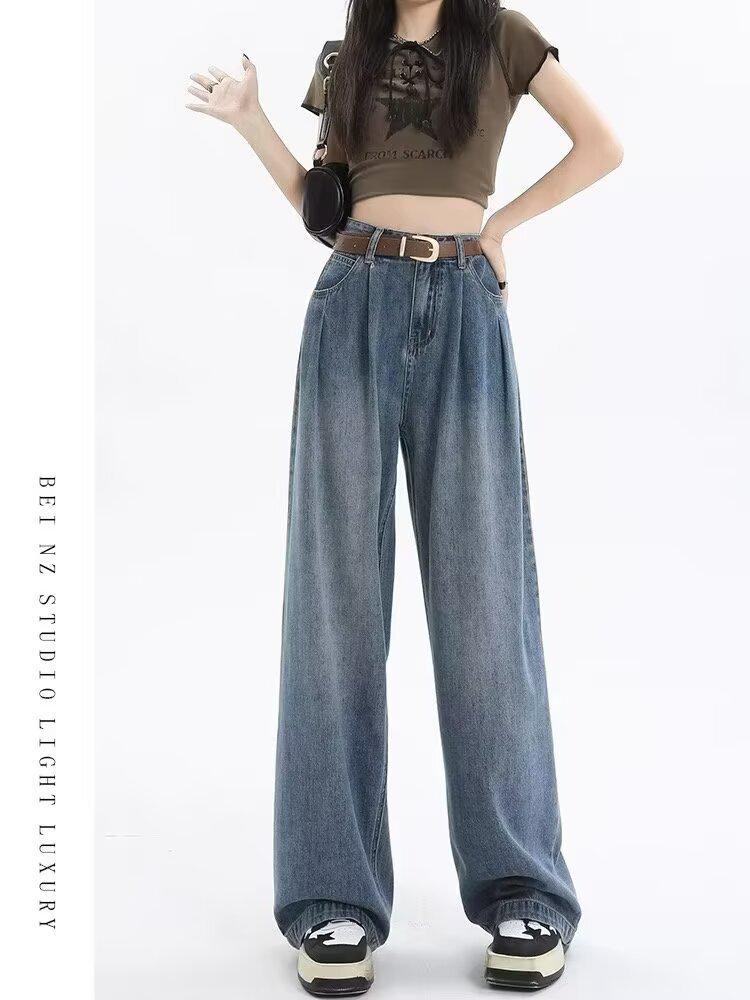 

Women s Retro Blue High-Waisted Wide-Leg Jeans – Slimming Loose Straight-Leg for Pear-Shaped Body, Floor-Length, Ideal for Spring and Autumn. XS