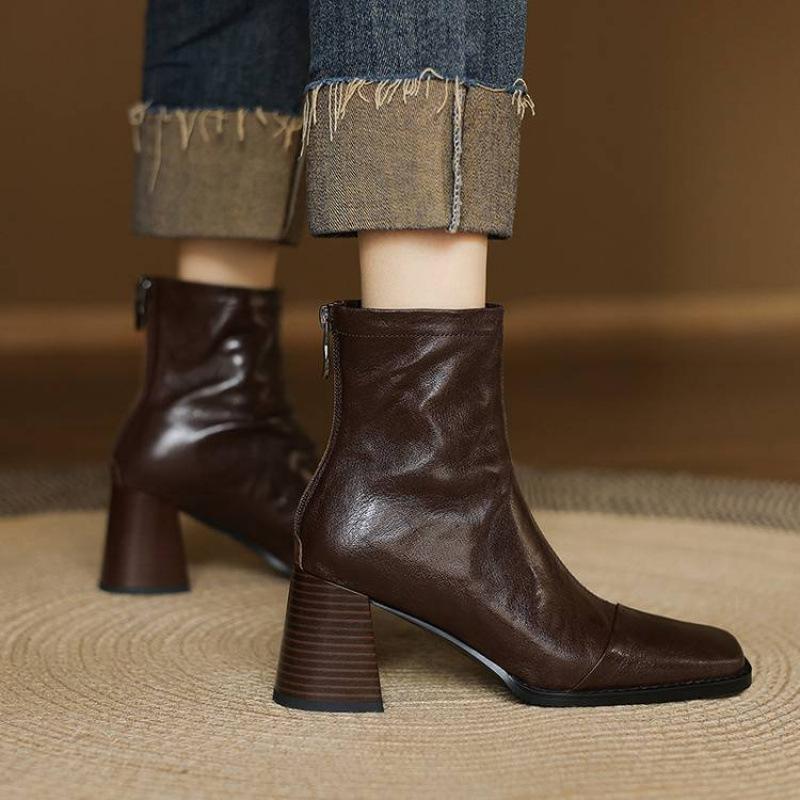 Autumn and winter women's leather boots high heel large size women's boots zipper leather low tube student square head versatile cowhide short boots