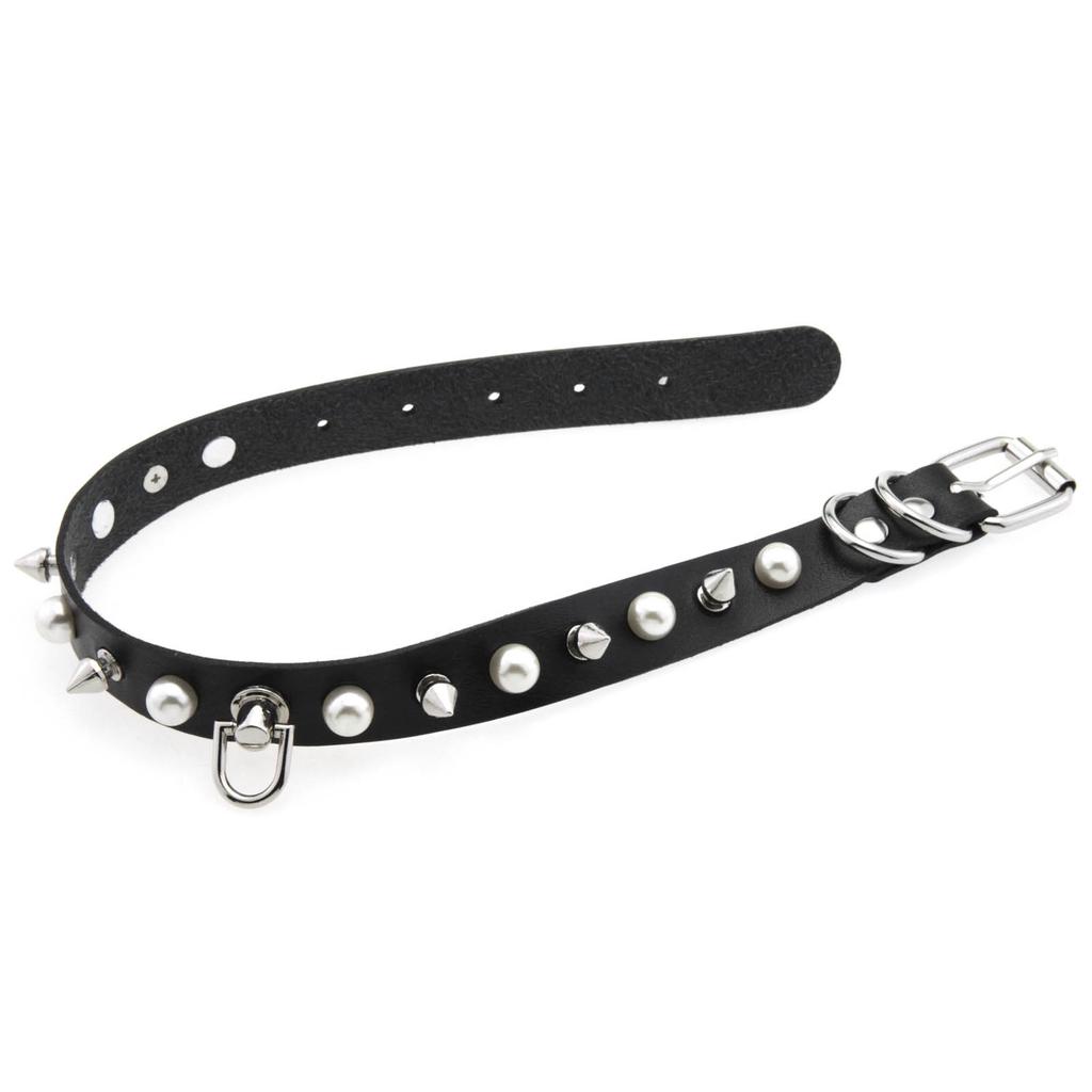 Alloy Spike D-ring Choker, Faux Pearl Rivet D Buckle Leather Clavicle Necklace