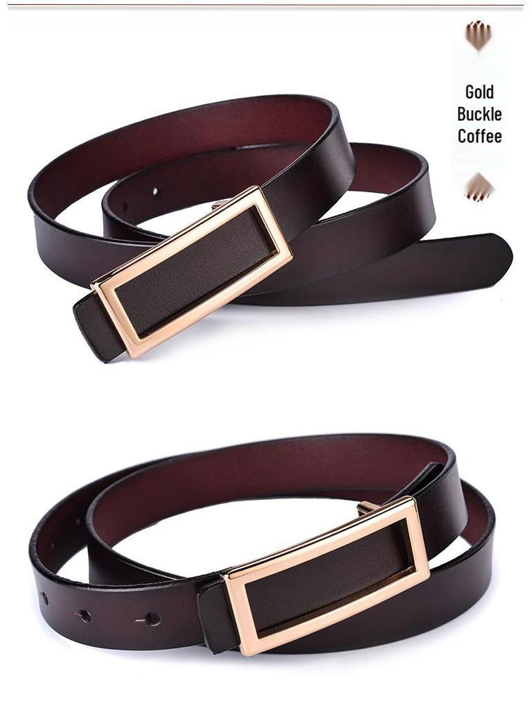 Cinturón de cintura rectangular de cuero genuino para mujer con hebilla lisa - Cinturón versátil casual de piel de vaca para pantalones