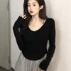 Pure Lust Hot Girl White V-neck Long-sleeved Front Shoulder T-shirt Women's Autumn Slim-fit Bottoming Shirt Super Body Top