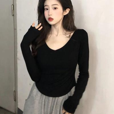Pure Lust Hot Girl White V-neck Long-sleeved Front Shoulder T-shirt Women's Autumn Slim-fit Bottoming Shirt Super Body Top