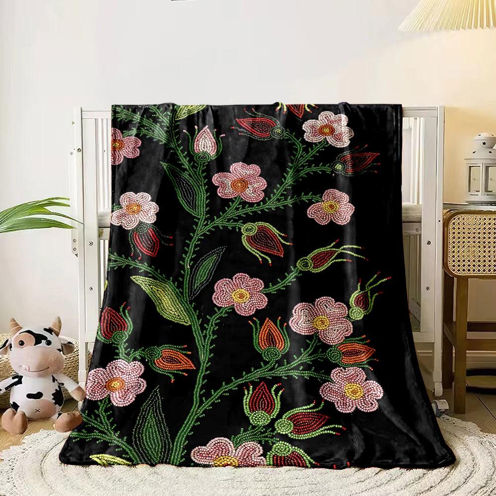 

Intricate floral beaded pattern with pink flowers on a black background. for all seasons blanket lunch break throw gift 80cm x 120cm
