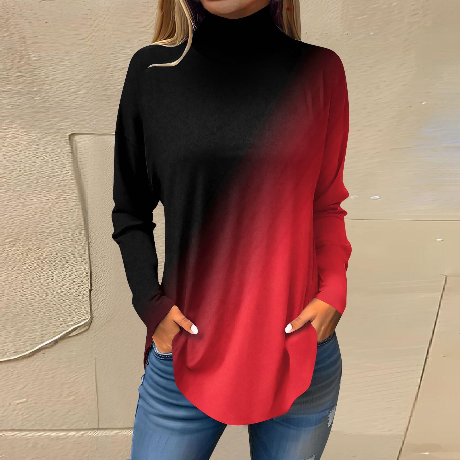 

Женская модная повседневная футболка с длинным рукавом с высоким воротом и принтом, пуловер, топ XL красный