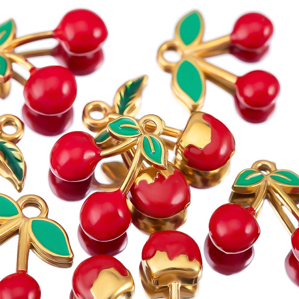 1pc 2pcs Enamel Green Leaf Red Cherry Earrings Charms Stainless Steel Fruit Necklaces Pendant Accessories DIY Jewelry Findings