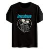 Schwarzes Kurzarm-T-Shirt „Dream Demon Embrace“ mit auffälligem blauem „Dream Demon“-Schriftzug und Totenkopf-Herz-Design sowie kosmischem Muster