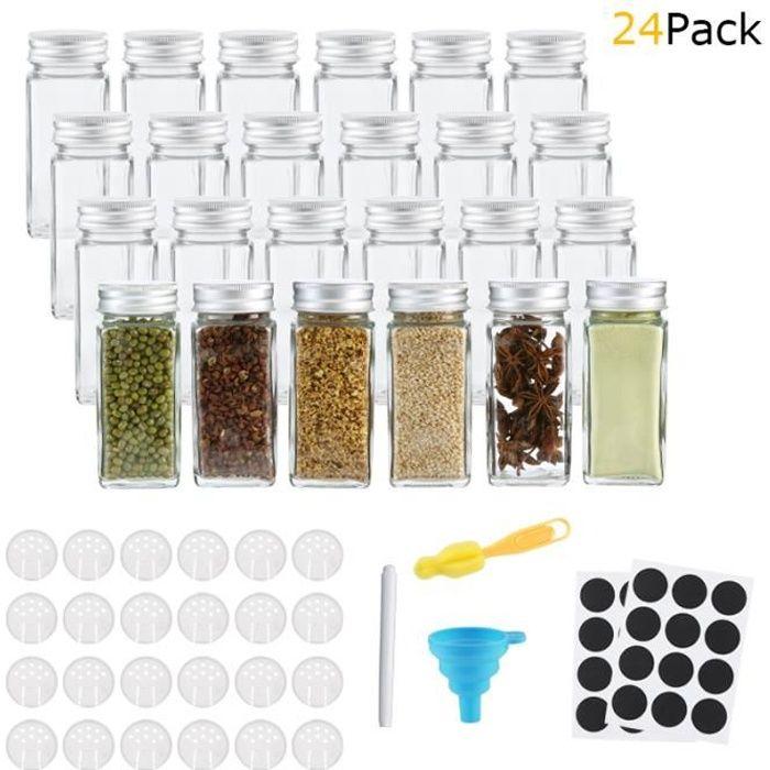 Pot à épices - Set de 24 - Verre - Couvercles hermétiques - Étiquettes incluses - Brosse et entonnoir