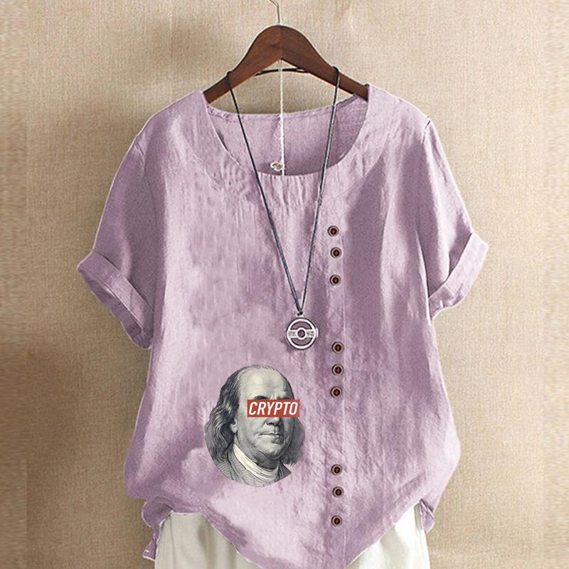 Women's Fashion Round Neck Short Sleeve T-shirt Casual Cotton Linen Graphic Shirt Character Prined Summer Blouse Tops Plus Size