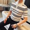 Summer Men's Knit Polos Fashion Striped Turn Down Collar Short Sleeve Polo Shirts
