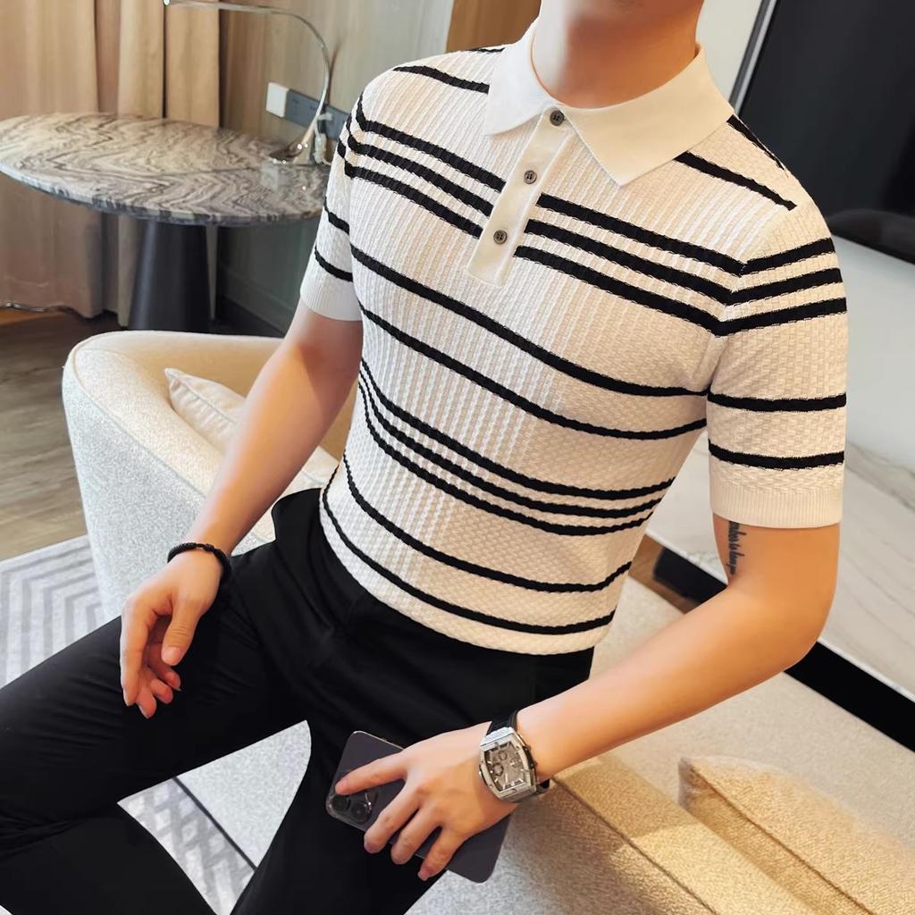 Summer Men's Knit Polos Fashion Striped Turn Down Collar Short Sleeve Polo Shirts