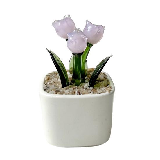 Mini Potted Glass Flower Decoration Miniature Tulip Flower Planter Pot Figurine Statue Home Office Bookshelf Desktop Ornament