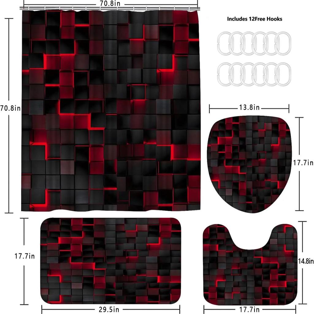 Red Grid 3D Visual Geometry Art Shower Curtains Washable Fabric Polyester For Bathtub Art Bathroom Decor With Hooks Waterproof